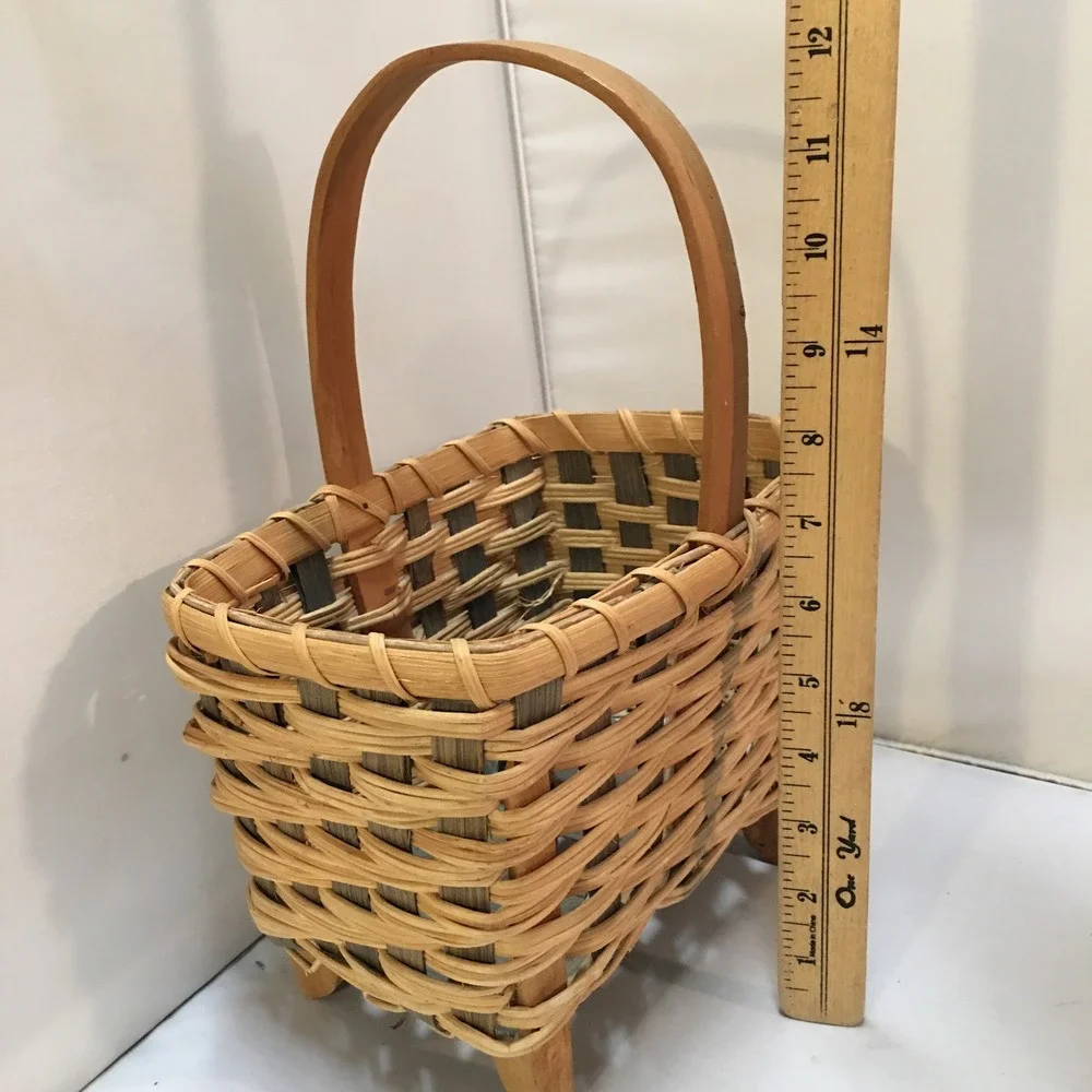 Woven Splint Basket Unisex Medium Natural Gray Footed Rustic Decor Cottagecore